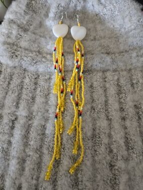 Yellow Beaded Fringe Earrings with White Heart Shells